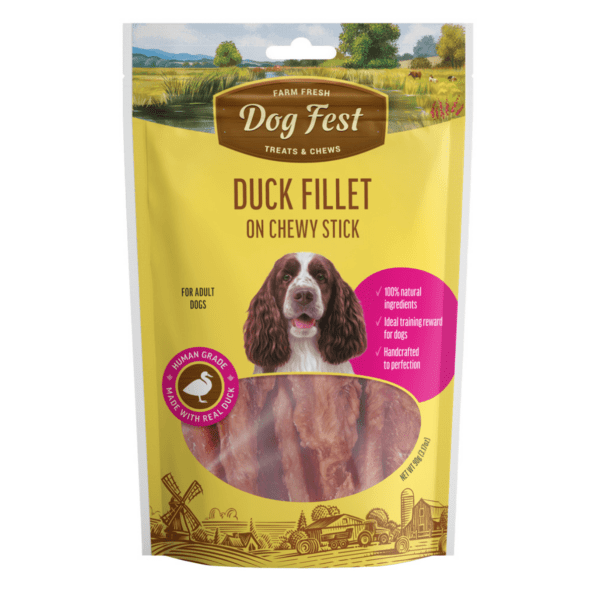 Dog fets duck fillet on chewy sticks