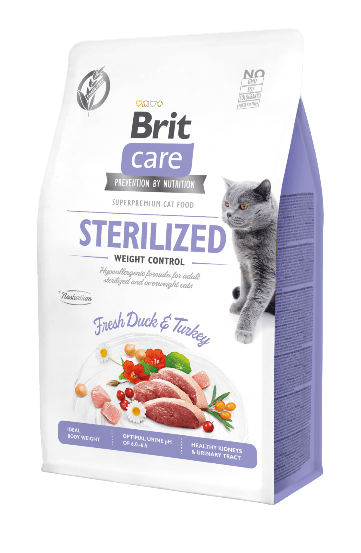 Brit Care teraviljavaba täistoit ülekaalulistele steriliseeritud kassidele kalkuni ja pardilihaga 400g