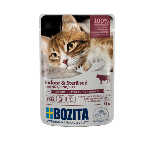 Bozita tubasele ja steriliseeritud kassile einekotike veiselihaga tarretises 12x85g